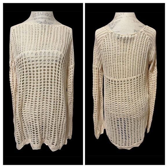 Crystal Kobe Boho Crochet Tunic Sweater Cream Minimalist Asymmetrical Hem Large - Picture 1 of 9